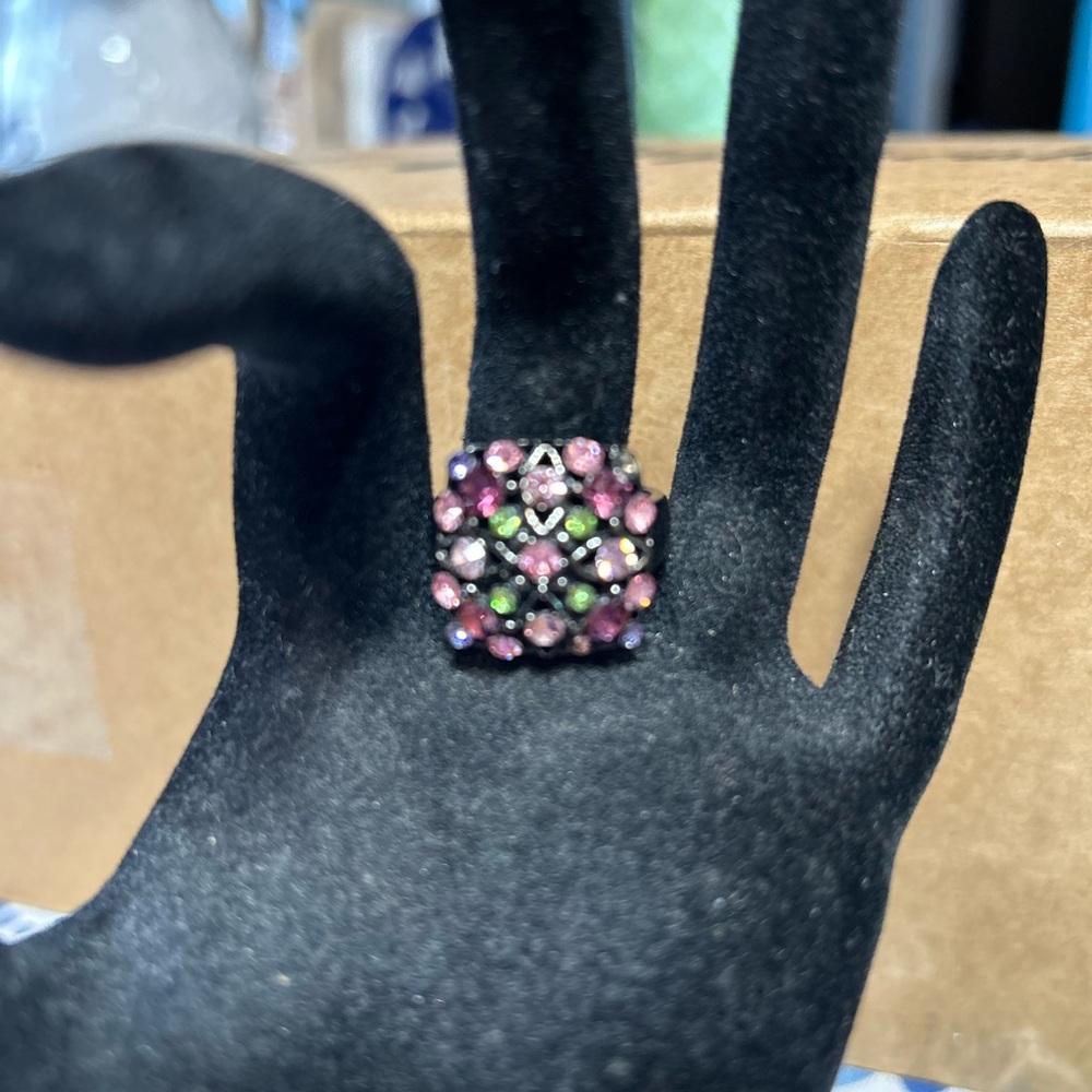 Multi-Gem Cluster Cocktail Ring - Pink & Green Size 8